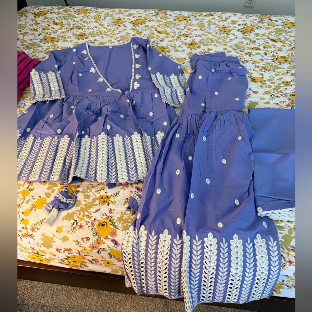 Purple and White Embroidered sharara suit with dupatta